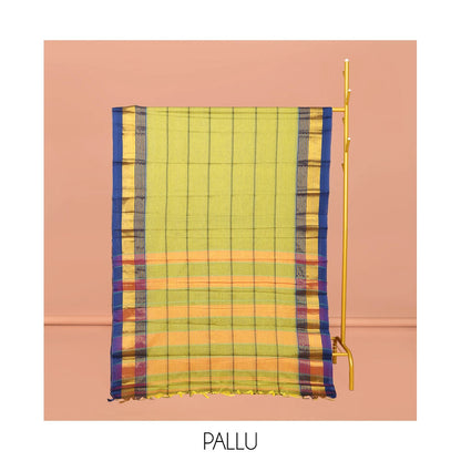Pothys Green Narayanpet Cotton Saree, Adorned with Veldhari Stripes, Complemented by a Contrast Temple Traditional Zari Design Border, Striped Pallu, and Comes Without a Blouse