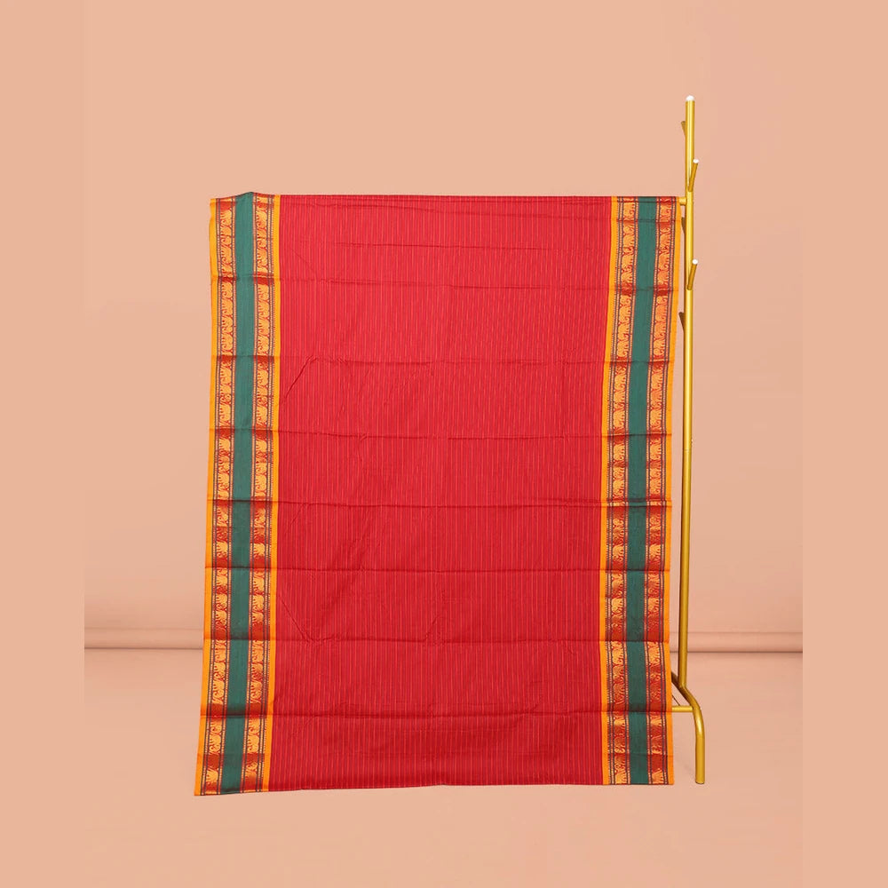 Pothys Red Striped Narayanpet Cotton Saree, Complemented by a Contrast Traditional Design Rettai Pettu Border, Striped Pallu, and Comes Without a Blouse