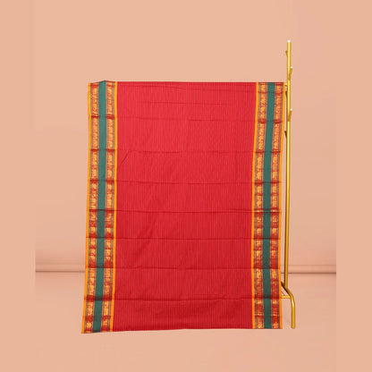 Pothys Red Striped Narayanpet Cotton Saree, Complemented by a Contrast Traditional Design Rettai Pettu Border, Striped Pallu, and Comes Without a Blouse