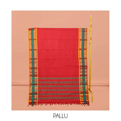 Pothys Red Striped Narayanpet Cotton Saree, Complemented by a Contrast Traditional Design Rettai Pettu Border, Striped Pallu, and Comes Without a Blouse