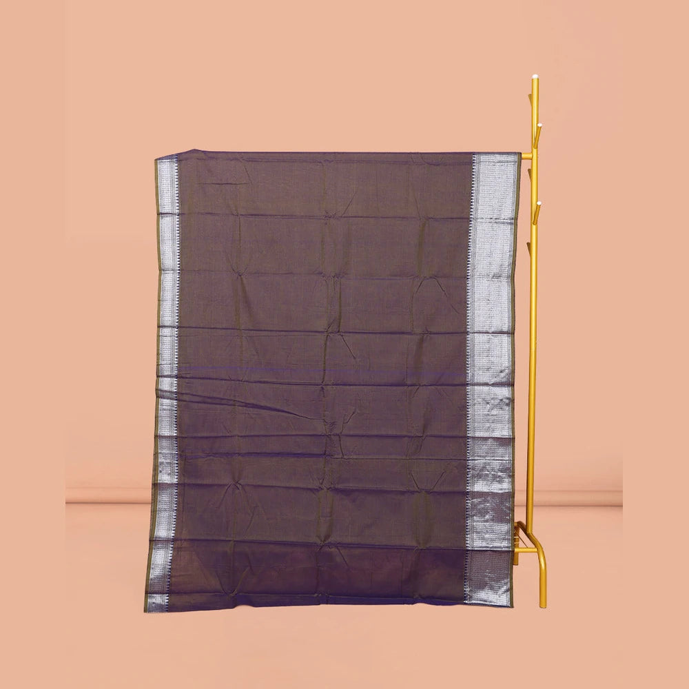 Pothys Brown Dual-tone Plain Narayanpet Cotton Saree, Complemented by a Contrast Traditional Design Border, Striped Pallu, and Comes Without a Blouse