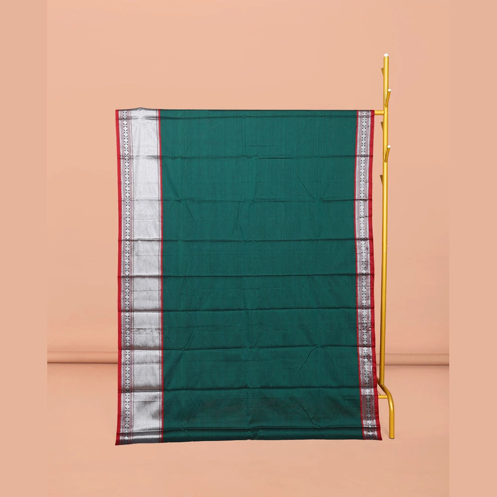 Pothys Green Plain Narayanpet Cotton Saree, Complemented by a Contrast Traditional Design Border, Striped Pallu, and Comes Without a Blouse