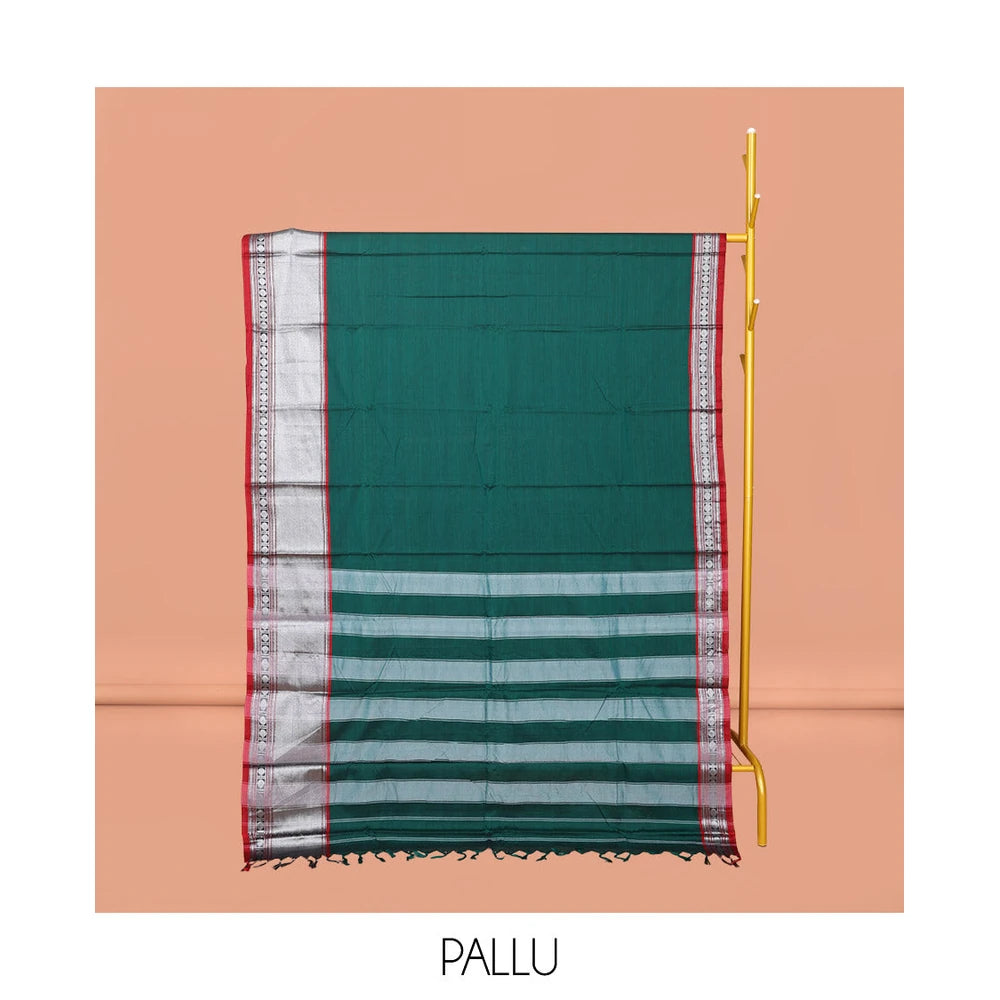 Pothys Green Plain Narayanpet Cotton Saree, Complemented by a Contrast Traditional Design Border, Striped Pallu, and Comes Without a Blouse