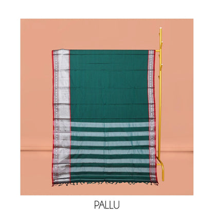 Pothys Green Plain Narayanpet Cotton Saree, Complemented by a Contrast Traditional Design Border, Striped Pallu, and Comes Without a Blouse