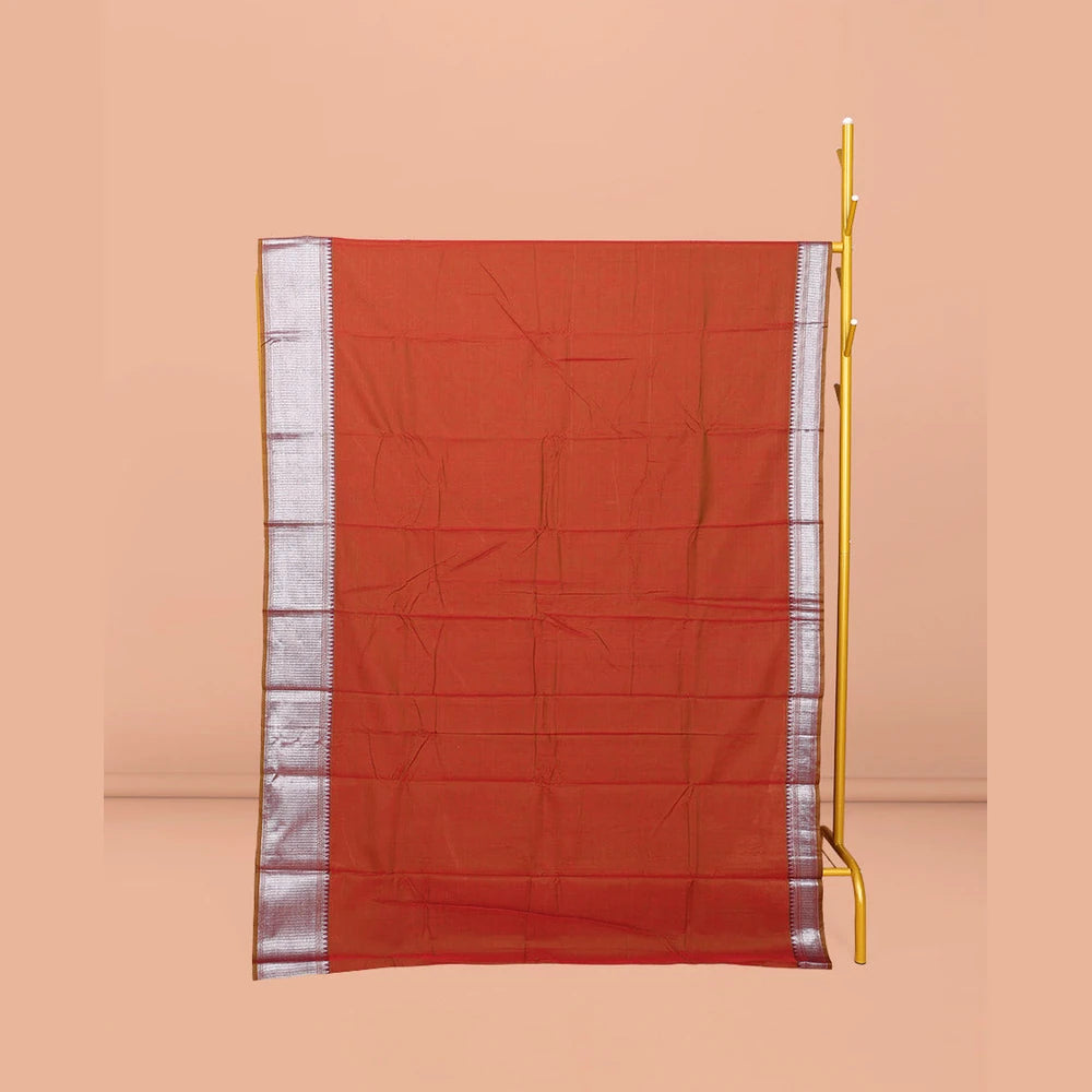 Pothys Rust Plain Narayanpet Cotton Saree, Complemented by a Contrast Traditional Design Border, Plain Pallu, and Comes Without a Blouse