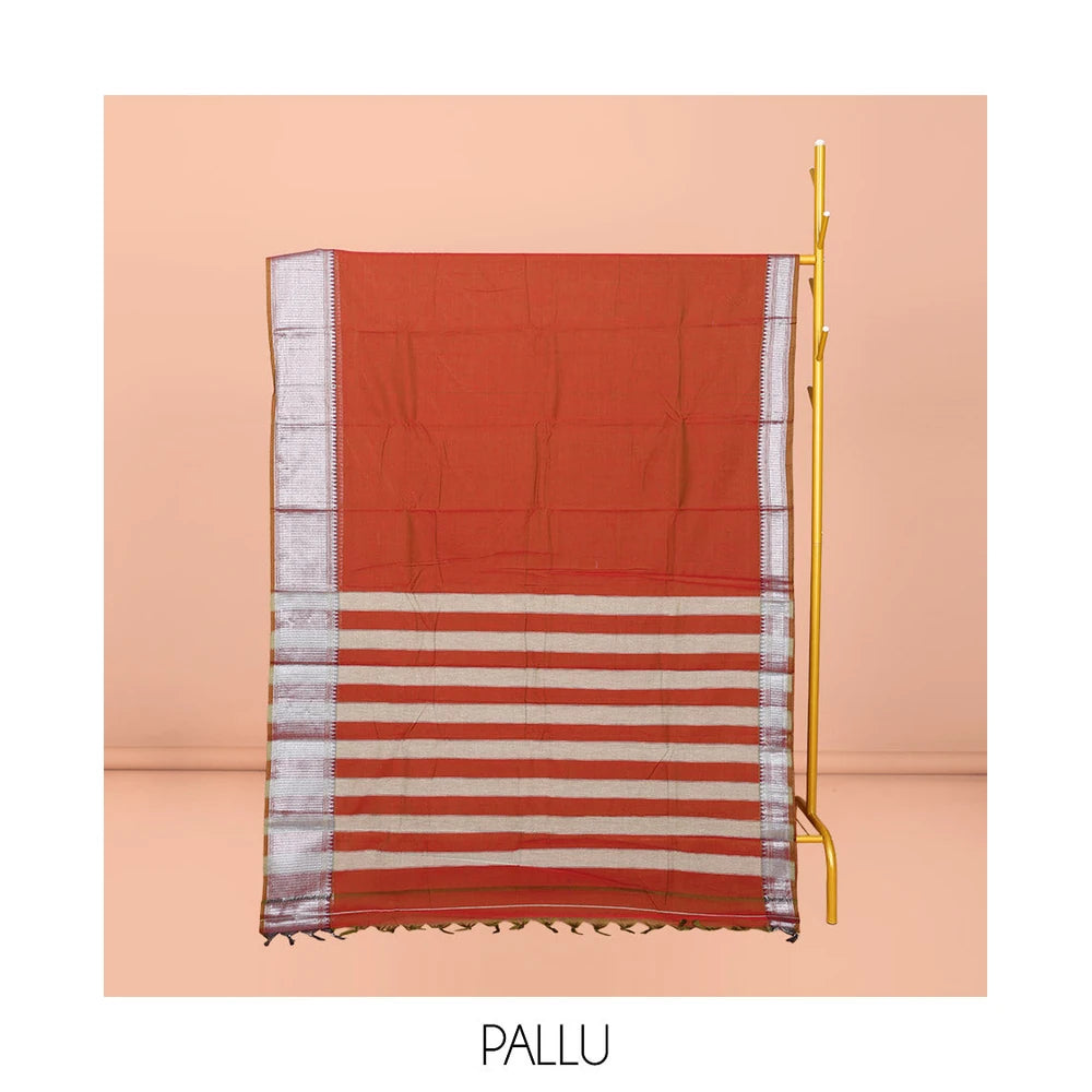 Pothys Rust Plain Narayanpet Cotton Saree, Complemented by a Contrast Traditional Design Border, Plain Pallu, and Comes Without a Blouse