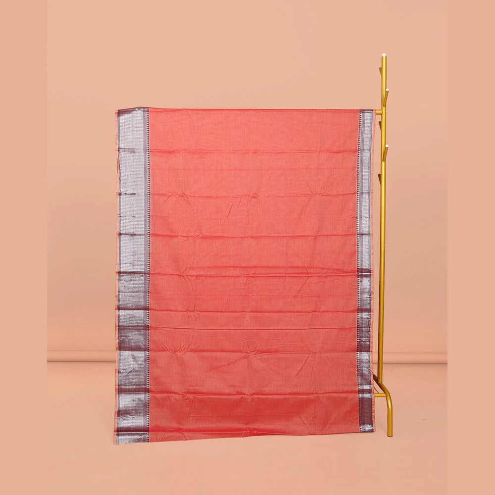 Pothys Peach Plain Narayanpet Cotton Saree, Complemented by a Contrast Traditional Design Border, Striped Pallu, and Comes Without a Blouse