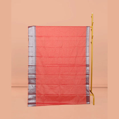 Pothys Peach Plain Narayanpet Cotton Saree, Complemented by a Contrast Traditional Design Border, Striped Pallu, and Comes Without a Blouse