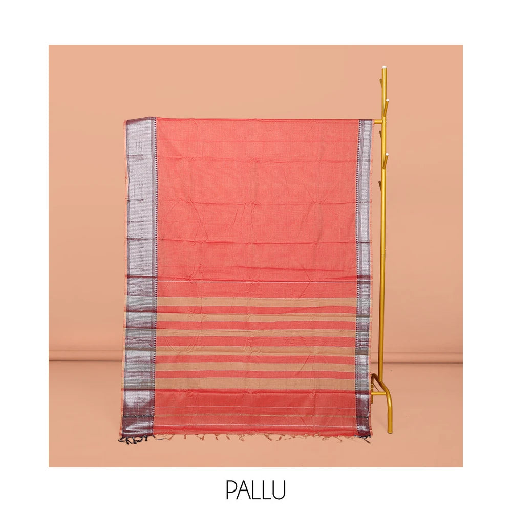 Pothys Peach Plain Narayanpet Cotton Saree, Complemented by a Contrast Traditional Design Border, Striped Pallu, and Comes Without a Blouse