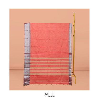 Pothys Peach Plain Narayanpet Cotton Saree, Complemented by a Contrast Traditional Design Border, Striped Pallu, and Comes Without a Blouse