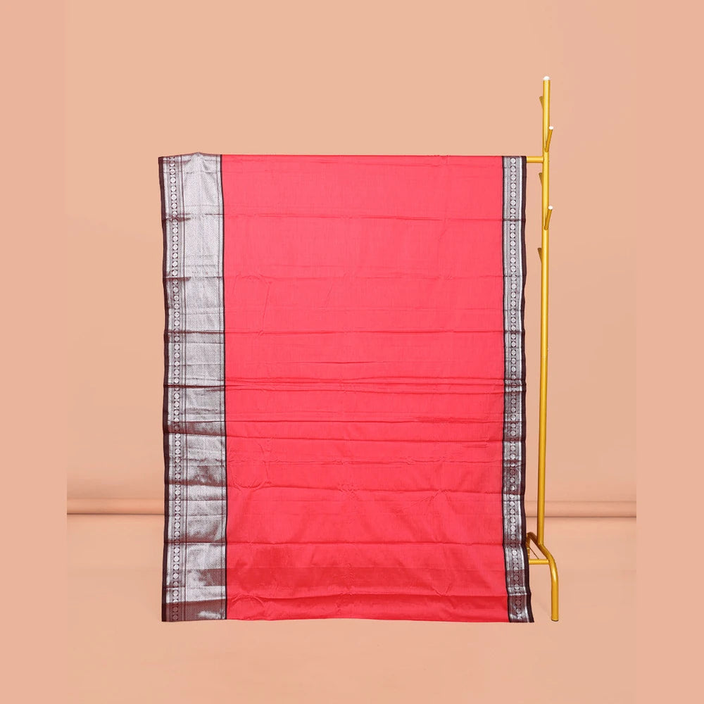 Pothys Pink Plain Narayanpet Cotton Saree, Complemented by a Contrast Traditional Design Border, Striped Pallu, and Comes Without a Blouse