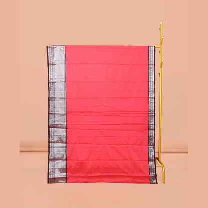 Pothys Pink Plain Narayanpet Cotton Saree, Complemented by a Contrast Traditional Design Border, Striped Pallu, and Comes Without a Blouse