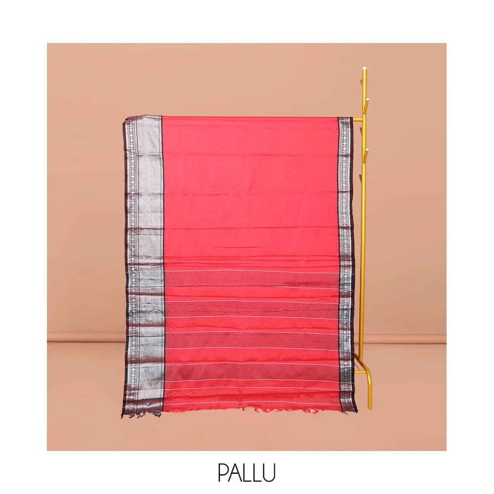 Pothys Pink Plain Narayanpet Cotton Saree, Complemented by a Contrast Traditional Design Border, Striped Pallu, and Comes Without a Blouse
