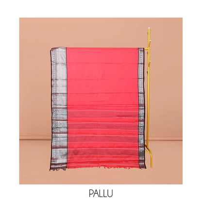 Pothys Pink Plain Narayanpet Cotton Saree, Complemented by a Contrast Traditional Design Border, Striped Pallu, and Comes Without a Blouse