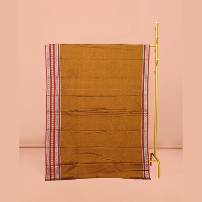 Pothys Mustard Embossed Narayanpet Cotton Saree, Complemented by a Contrast Traditional Zari Design Border, Striped Pallu, and Comes Without a Blouse