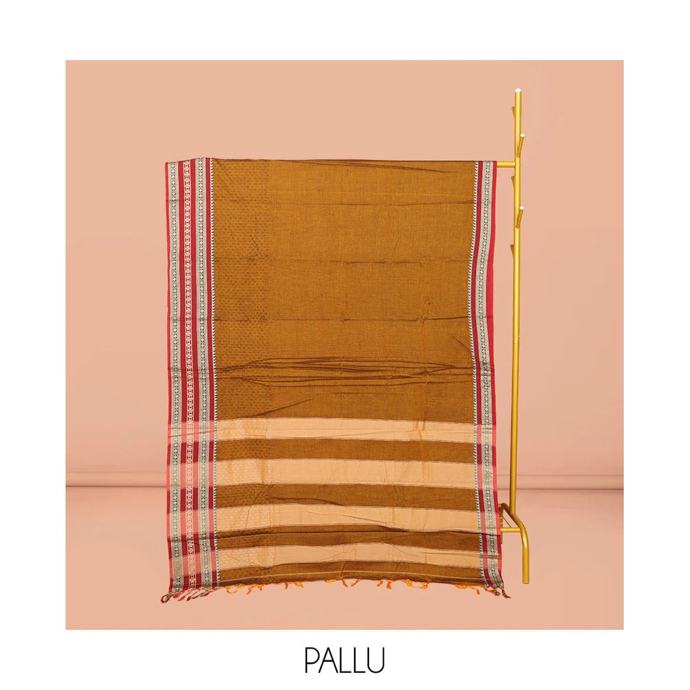Pothys Mustard Embossed Narayanpet Cotton Saree, Complemented by a Contrast Traditional Zari Design Border, Striped Pallu, and Comes Without a Blouse