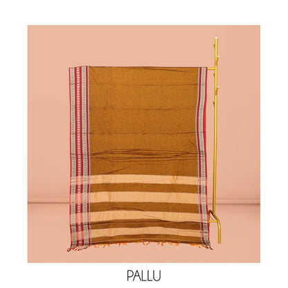 Pothys Mustard Embossed Narayanpet Cotton Saree, Complemented by a Contrast Traditional Zari Design Border, Striped Pallu, and Comes Without a Blouse