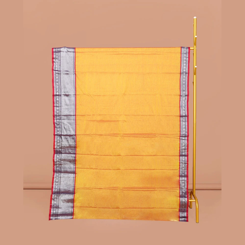 Pothys Yellow Plain Narayanpet Cotton Saree, Complemented by a Contrast Traditional Zari Design Border, Striped Pallu, and Comes Without a Blouse