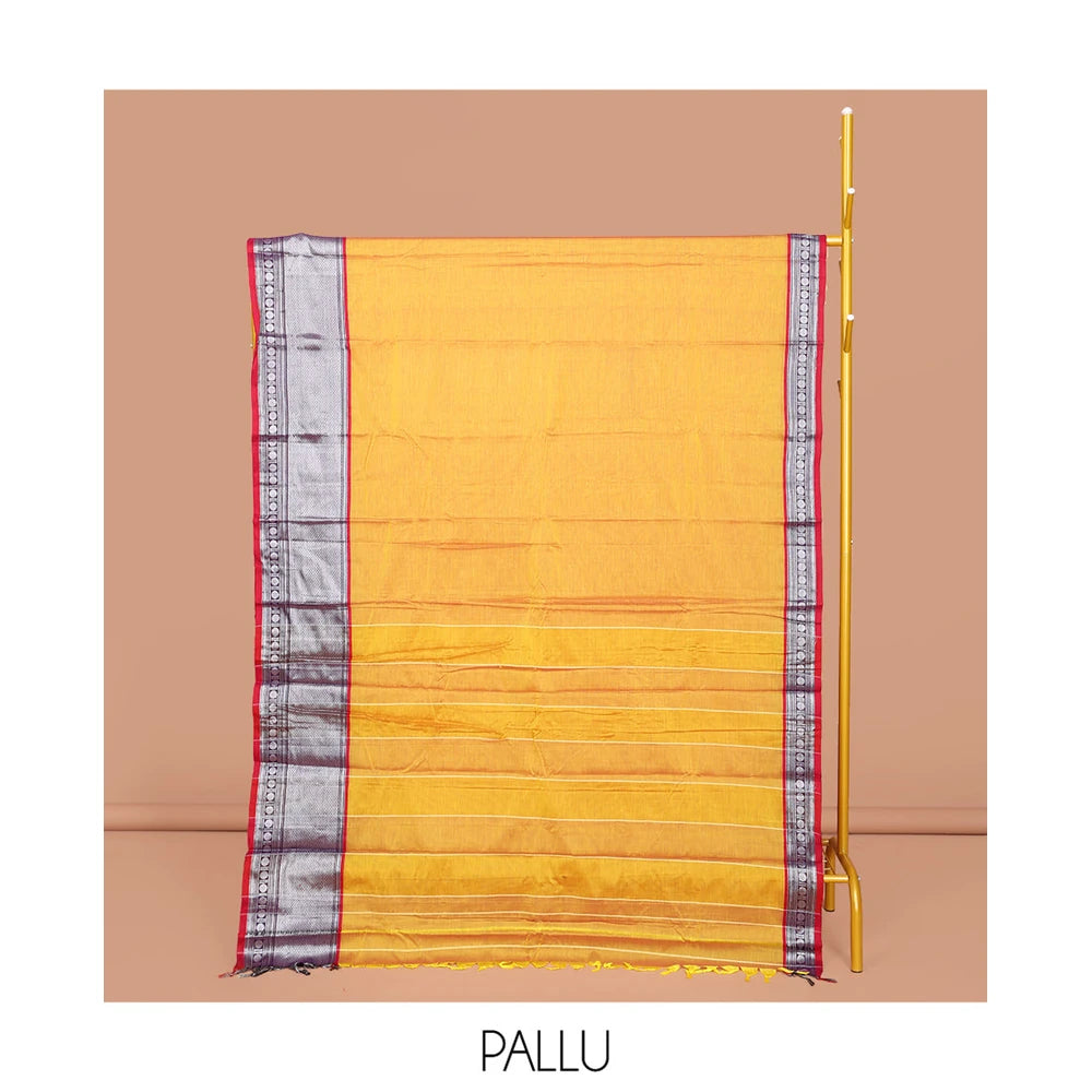 Pothys Yellow Plain Narayanpet Cotton Saree, Complemented by a Contrast Traditional Zari Design Border, Striped Pallu, and Comes Without a Blouse