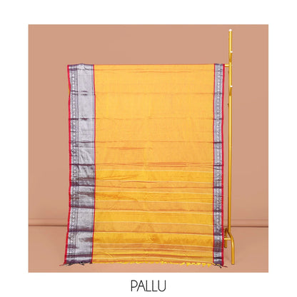 Pothys Yellow Plain Narayanpet Cotton Saree, Complemented by a Contrast Traditional Zari Design Border, Striped Pallu, and Comes Without a Blouse