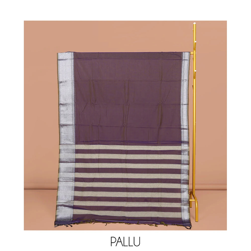 Pothys Brown Plain Narayanpet Cotton Saree, Complemented by a Contrast Traditional Zari Design Border, Striped Pallu, and Comes Without a Blouse