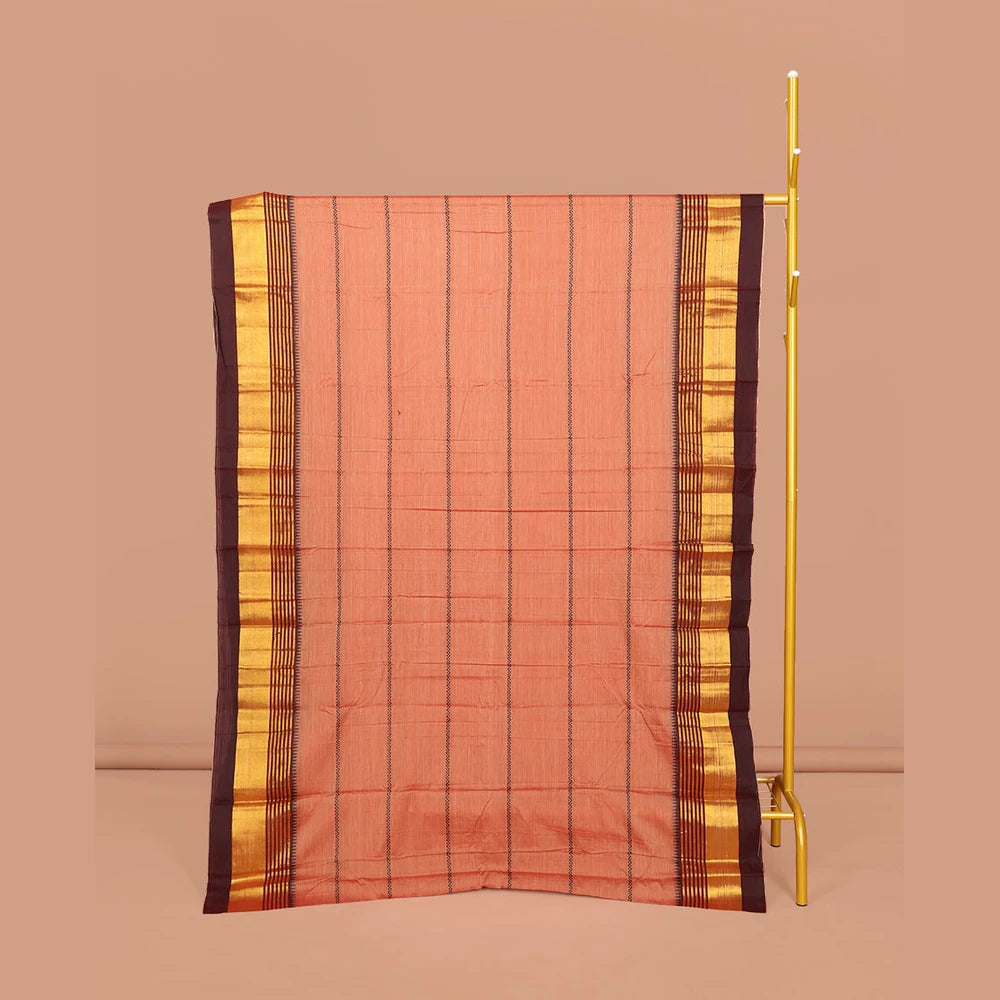 Pothys Peach Narayanpet Cotton Saree, Adorned with Veldhari Stripes, Complemented by a Contrast Temple Traditional Zari Design Border, Striped Pallu, and Comes Without a Blouse