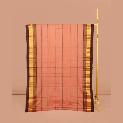 Pothys Peach Narayanpet Cotton Saree, Adorned with Veldhari Stripes, Complemented by a Contrast Temple Traditional Zari Design Border, Striped Pallu, and Comes Without a Blouse