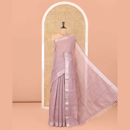 Pothys Lavender Linen Zari Cotton Saree, Gleamed Up with Zari Stripes All Over Its Body, a Subtle Zari Border, a Self-Pallu, and Comes Without a Blouse