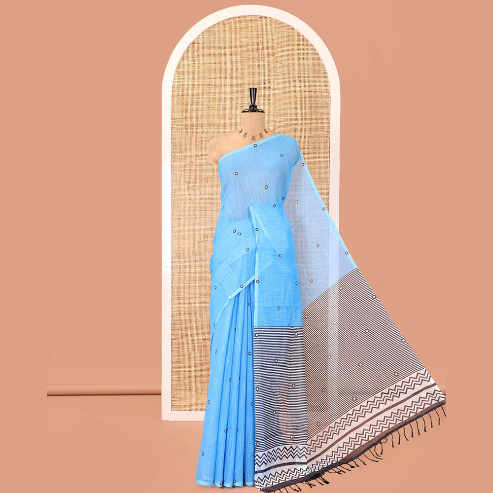 Pothys Borderless Blue Linen Cotton Saree, Adorned with Polka Dot Print, Contrast Geometric Printed Pallu, and Paired with a Contrast Blouse