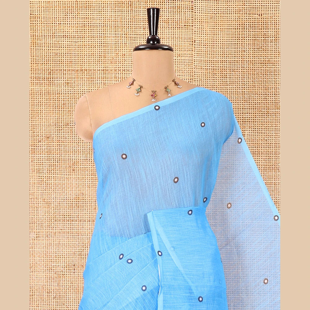 Pothys Borderless Blue Linen Cotton Saree, Adorned with Polka Dot Print, Contrast Geometric Printed Pallu, and Paired with a Contrast Blouse
