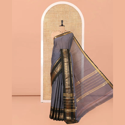 Pothys Grey Plain Chettinad Cotton Saree, Contrast Rettai Pettu Temple-Peacock Border, a Self-Pallu, a Matching Blouse