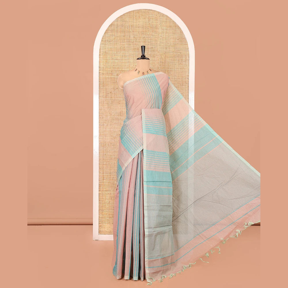 Pothys Borderless Rama Negamam Cotton Saree with Stripes All Over Its Body, a Self-Pallu, and Paired with a Matching Blouse