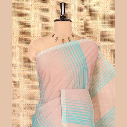 Pothys Borderless Rama Negamam Cotton Saree with Stripes All Over Its Body, a Self-Pallu, and Paired with a Matching Blouse
