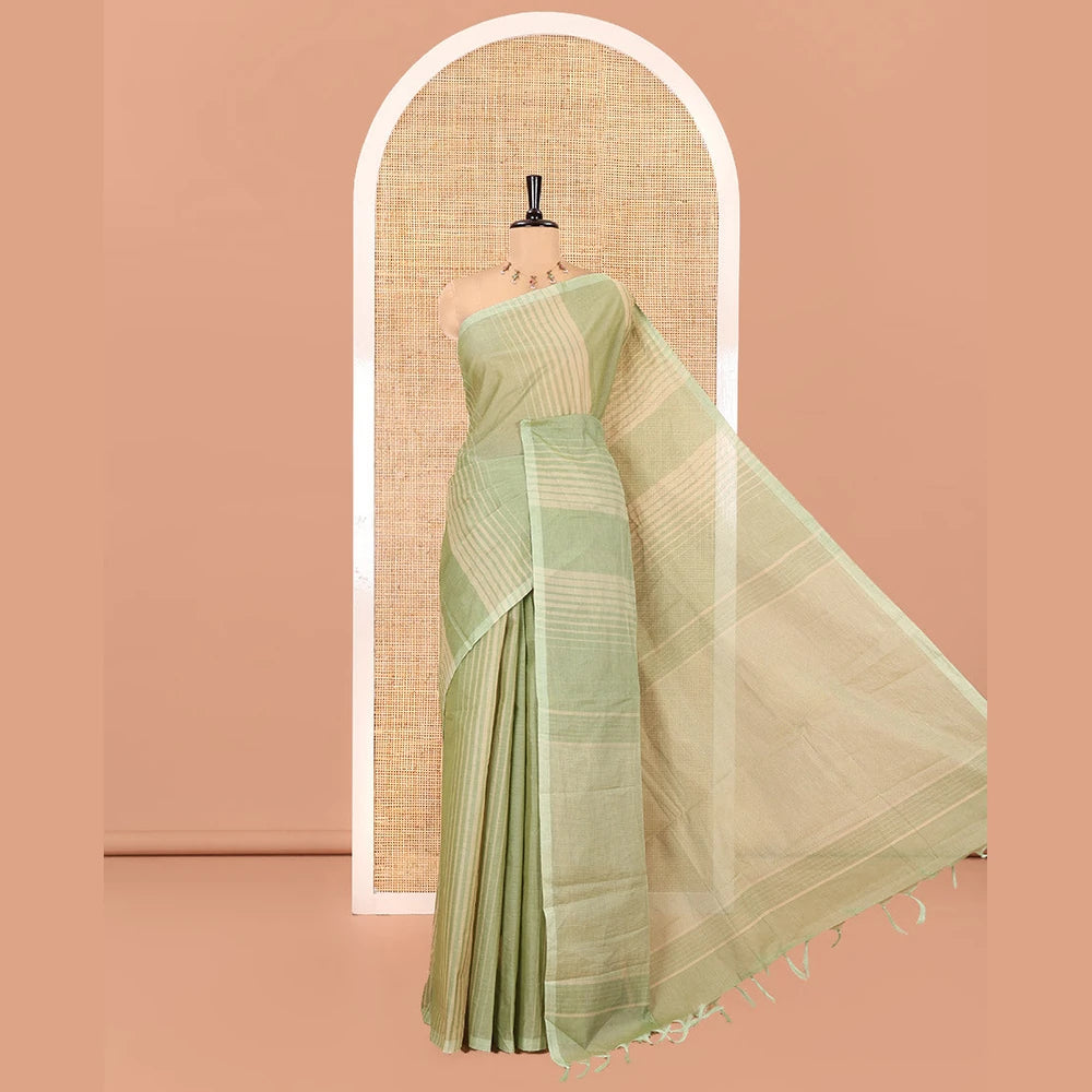 Pothys Borderless Green Negamam Cotton Saree with Stripes All Over Its Body, a Self-Pallu, and Paired with a Matching Blouse