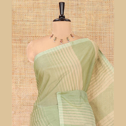 Pothys Borderless Green Negamam Cotton Saree with Stripes All Over Its Body, a Self-Pallu, and Paired with a Matching Blouse