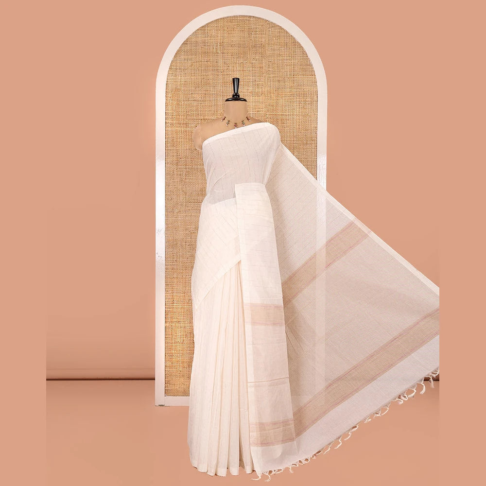 Pothys Borderless Off-White Negamam Cotton Saree with Vertical Stripes All Over Its Body, a Self-Pallu, and Paired with a Contrast Blouse