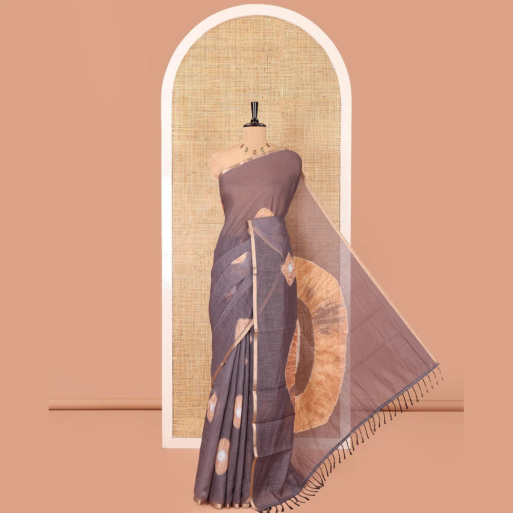 Pothys Borderless Brown Linen Cotton Saree, Adorned with Shibori Print, and Paired with a Matching Blouse