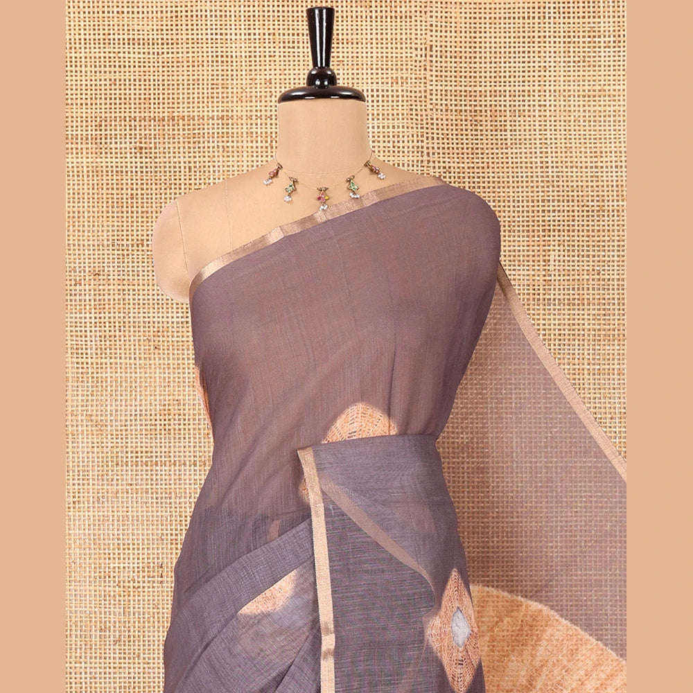 Pothys Borderless Brown Linen Cotton Saree, Adorned with Shibori Print, and Paired with a Matching Blouse