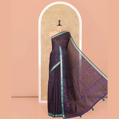 Pothys Navy Blue Blue Chanderi Cotton Saree Features Paisley Print, Mirrorwork, Contrast Border, Intricate Pallu, Contrast Blouse