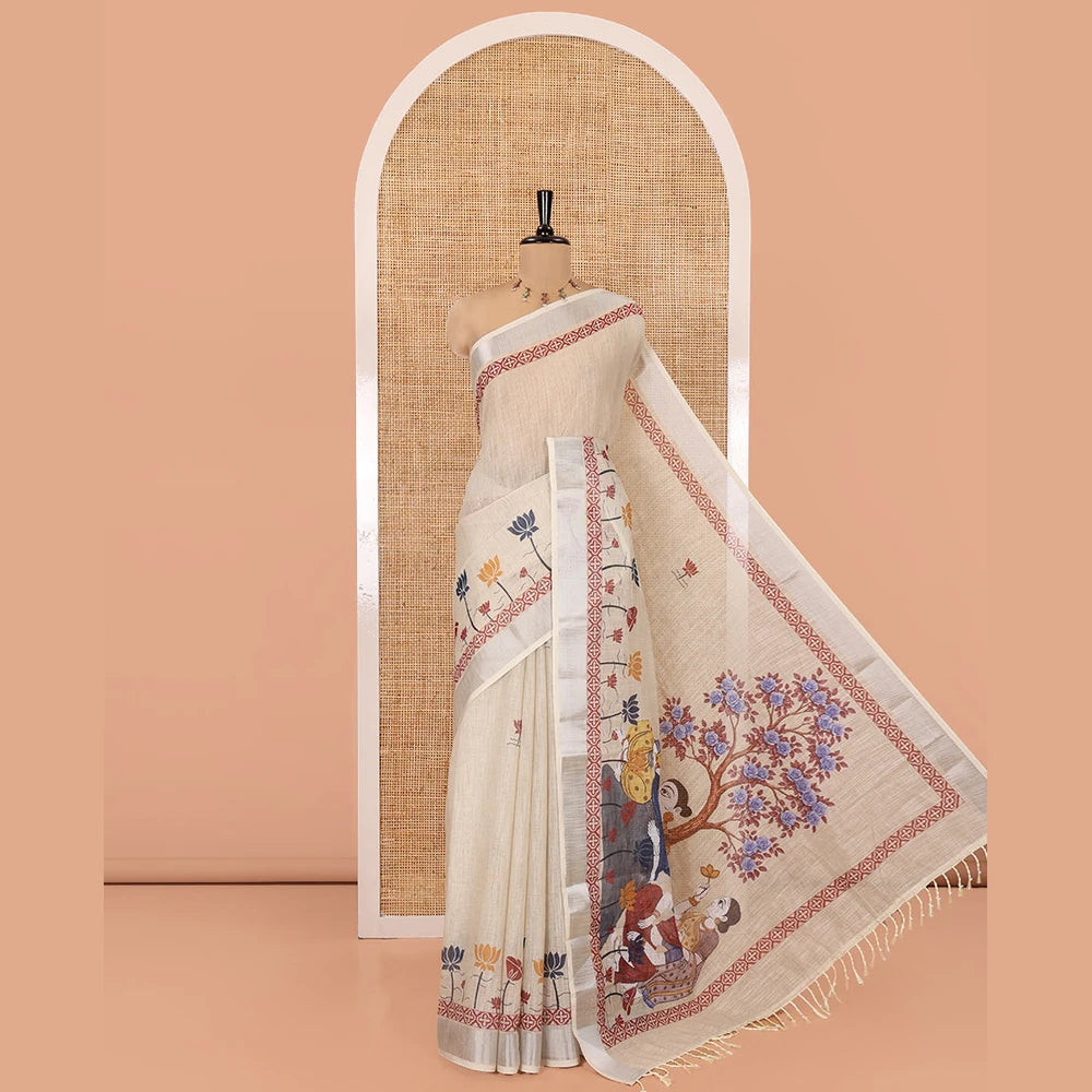 Pothys Cream Linen Cotton Sare with Pichwai Lotus Motifs Printed All Over Its Body, Zari Border of Pichwai Lotus Print, Pallu Pictures Paintings, and Paired with a Contrast Blouse