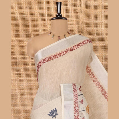 Pothys Cream Linen Cotton Sare with Pichwai Lotus Motifs Printed All Over Its Body, Zari Border of Pichwai Lotus Print, Pallu Pictures Paintings, and Paired with a Contrast Blouse