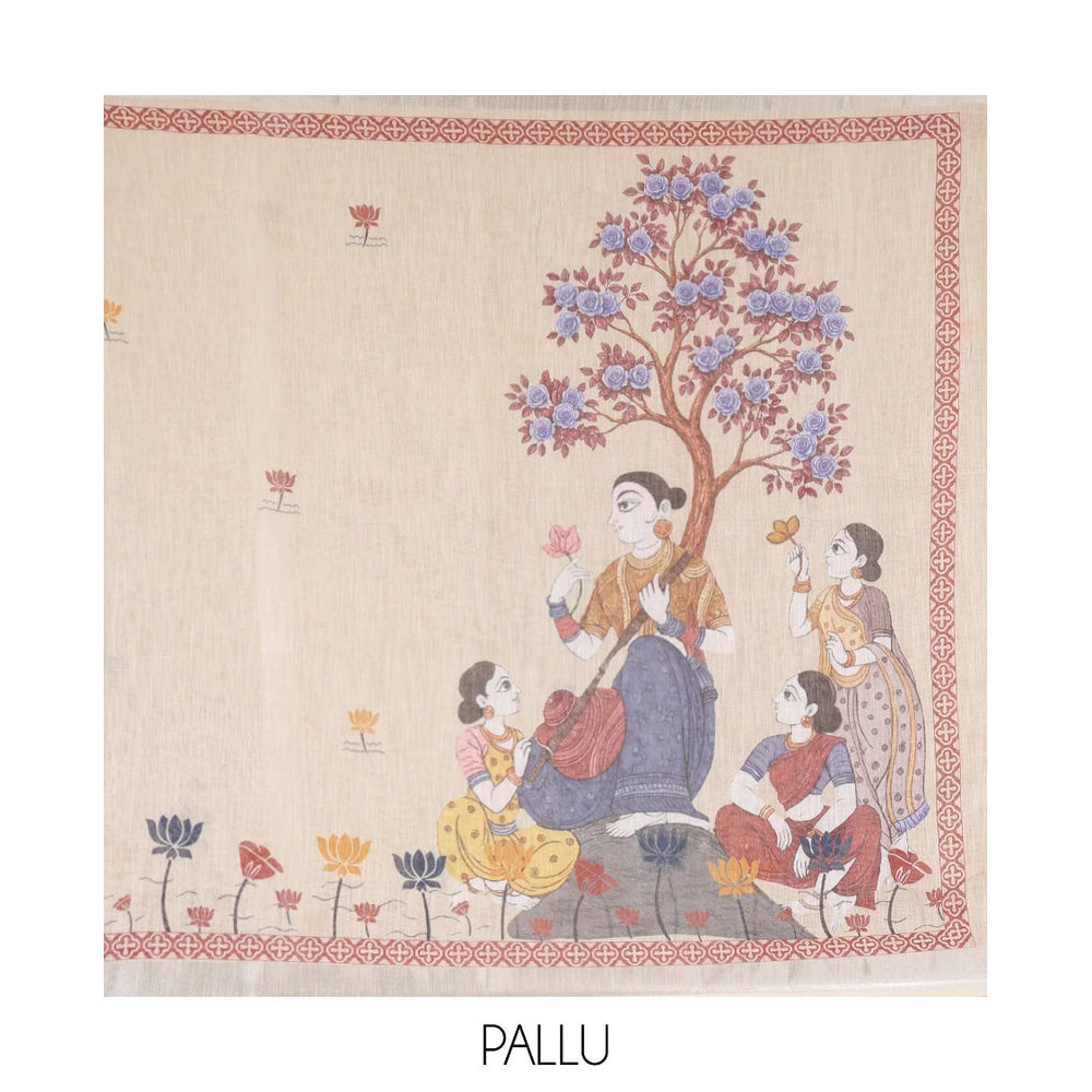 Pothys Cream Linen Cotton Sare with Pichwai Lotus Motifs Printed All Over Its Body, Zari Border of Pichwai Lotus Print, Pallu Pictures Paintings, and Paired with a Contrast Blouse