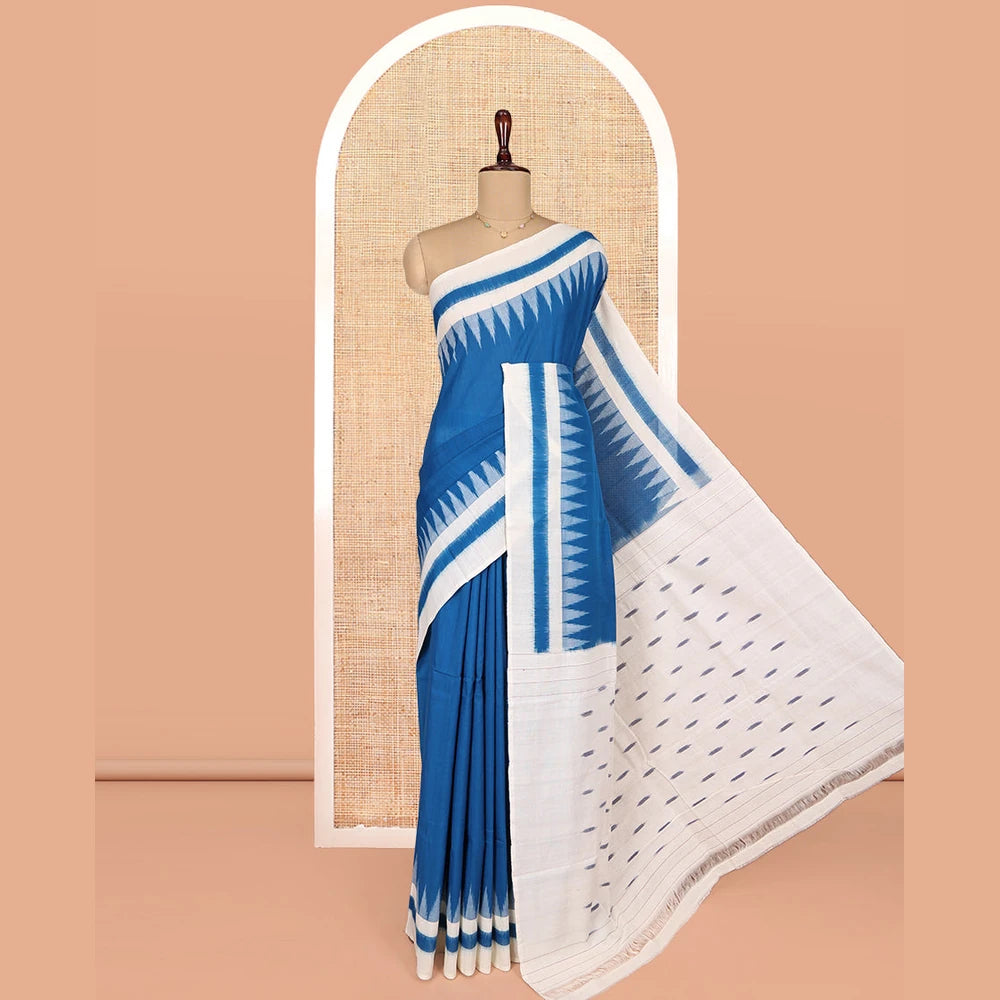 Pothys Blue Plain Ikkat Cotton Saree, Complemented by a Contrast Ikkat Temple Border, Pallu Steeped with Buttas, and Paired with a Contrast Blouse