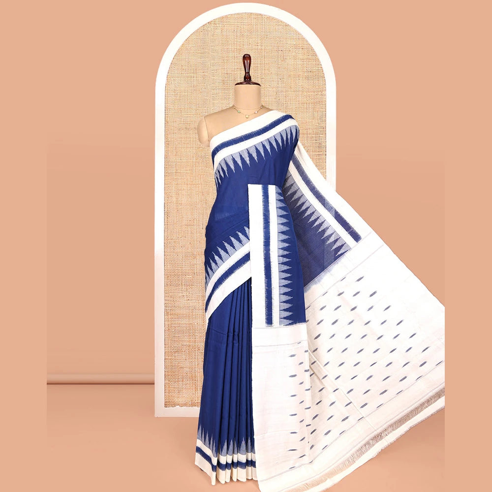 Pothys Navy Blue Blue Plain Ikkat Cotton Saree, Complemented by a Contrast Ikkat Temple Border, Pallu Steeped with Buttas, and Paired with a Contrast Blouse