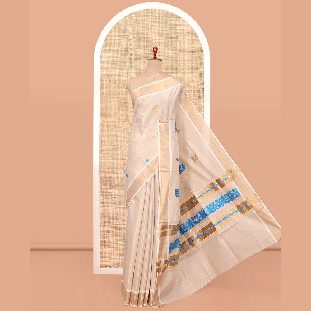 Pothys Cream Kerala Cotton Saree, Bedecked with Thread and Zari Buttas All Over Its Body, a Zari Bavanji Border, Pallu of Intricate Designs, and Paired with a Matching Blouse