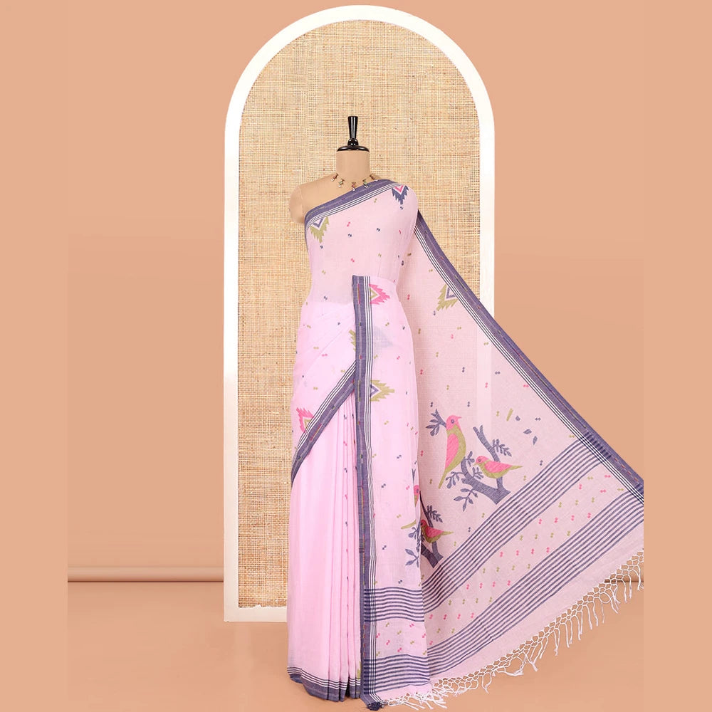 Pothys Pink Khadi Mul Cotton Saree Features Buttas, Contrast Temple Border, Jhamdani Floral-Bird Woven Pallu, and a Matching Blouse