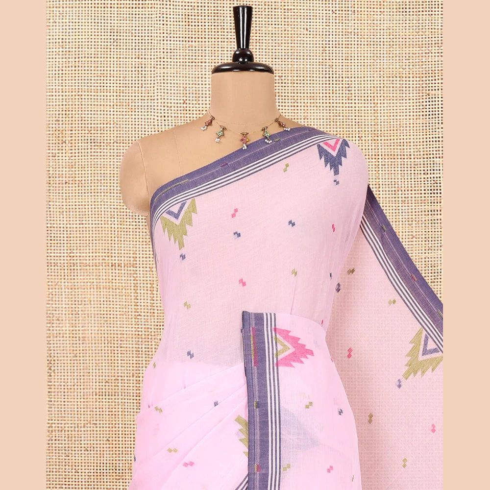 Pothys Pink Khadi Mul Cotton Saree Features Buttas, Contrast Temple Border, Jhamdani Floral-Bird Woven Pallu, and a Matching Blouse