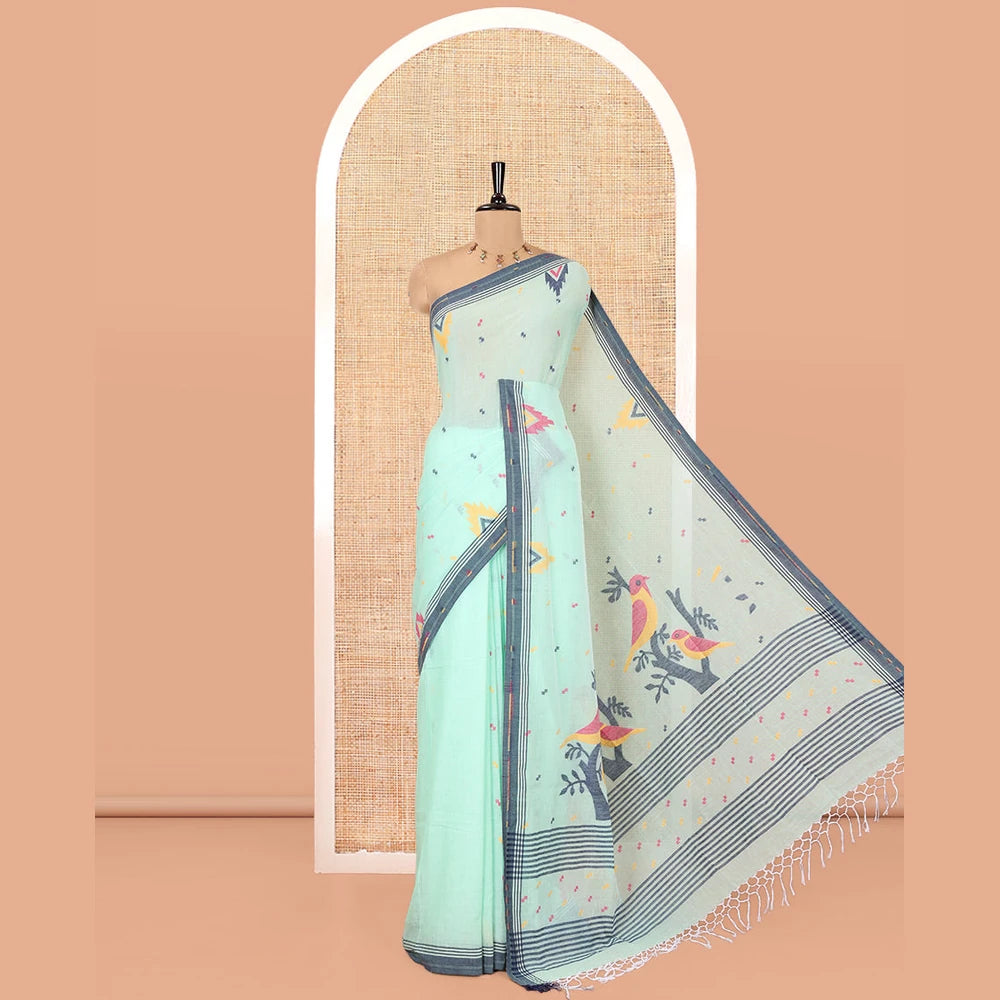 Pothys Sea Green Khadi Mul Cotton Saree Features Buttas, Contrast Temple Border, Jhamdani Floral-Bird Woven Pallu, and a Matching Blouse