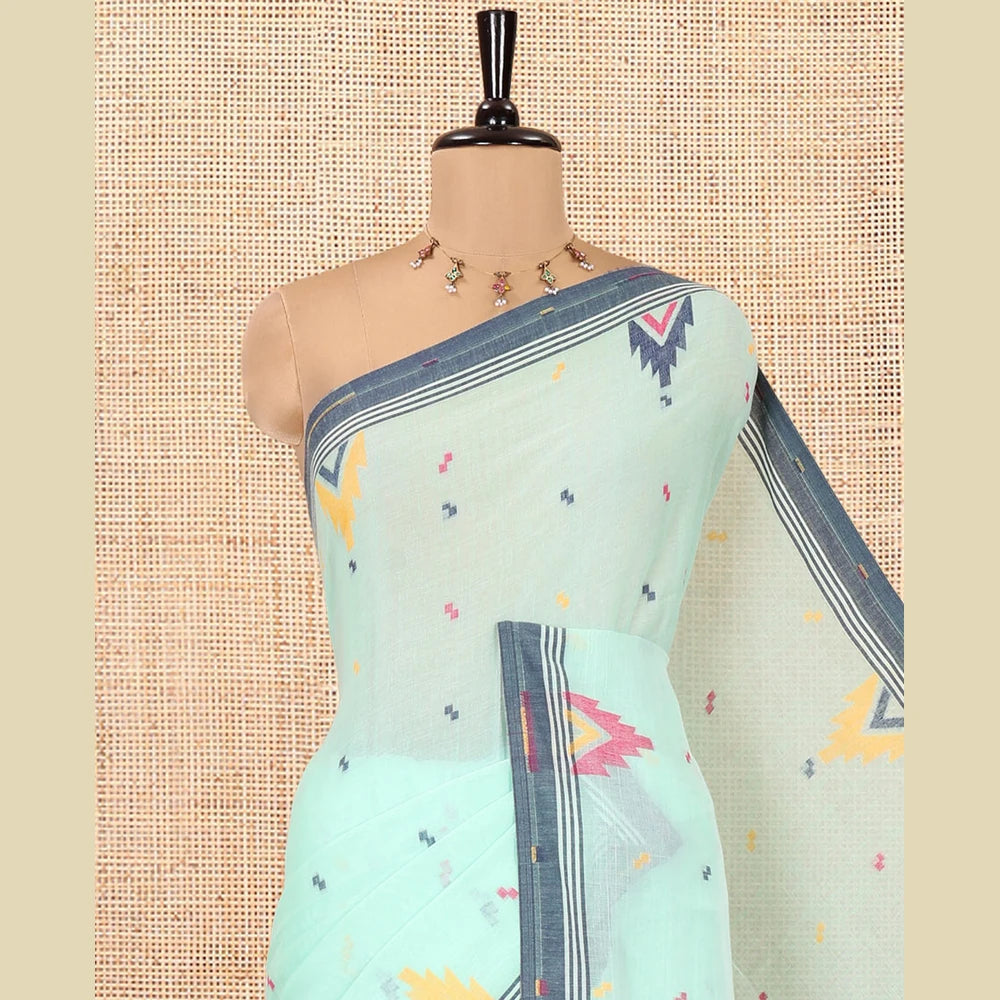 Pothys Sea Green Khadi Mul Cotton Saree Features Buttas, Contrast Temple Border, Jhamdani Floral-Bird Woven Pallu, and a Matching Blouse