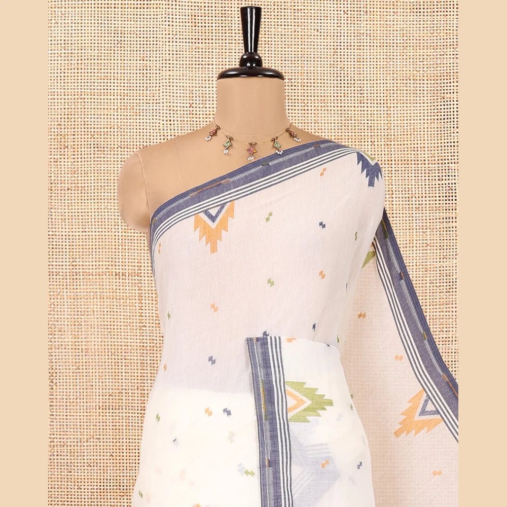 Pothys Cream Khadi Mul Cotton Saree Features Buttas, Contrast Temple Border, Jhamdani Floral-Bird Woven Pallu, and a Matching Blouse